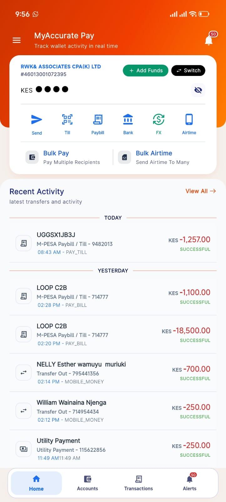 MyAccurate Pay wallet activity dashboard